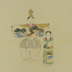 May include: A hand-painted illustration of two Japanese dolls, one in a gold and white robe with a crown, and the other in a green and blue robe. The dolls are on a light beige background.