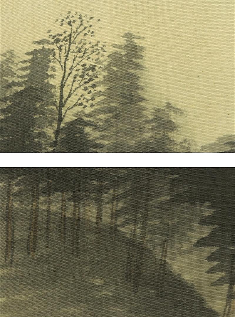 ヴィンテージ 日本の掛け軸 風景画 湖畔 山水画 墨絵 掛軸 風景画
