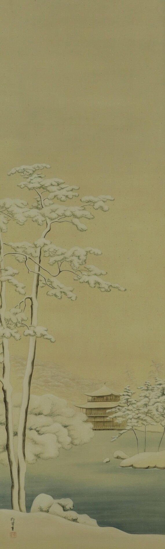 ヴィンテージ 日本の掛け軸 絵画 金閣寺 京都 雪景色 日本画 掛け軸