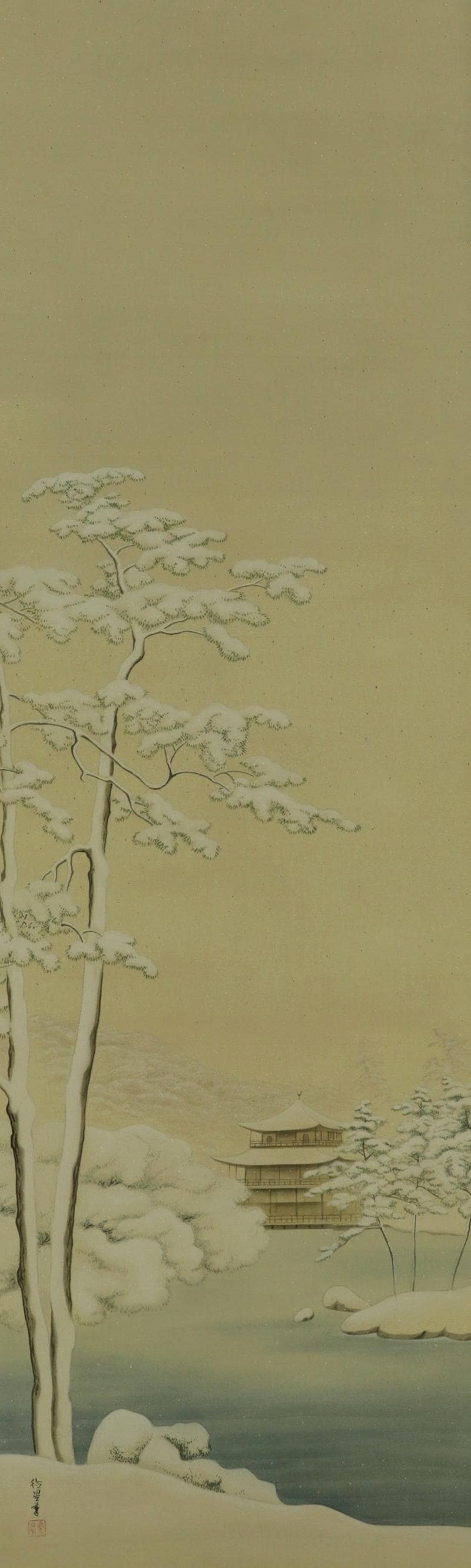 ヴィンテージ 日本の掛け軸 絵画 金閣寺 京都 雪景色 日本画 掛け軸