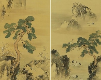 希少『真珠と貝』日本画 鶴と亀のアート 一対のアンティーク日本画 鶴亀巻物 アジアン壁飾り 掛軸 江戸時代