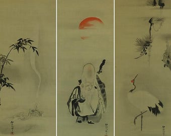 予約済み：アンティーク日本壁掛け装飾、掛け軸絵画、鶴の絵、鶴の