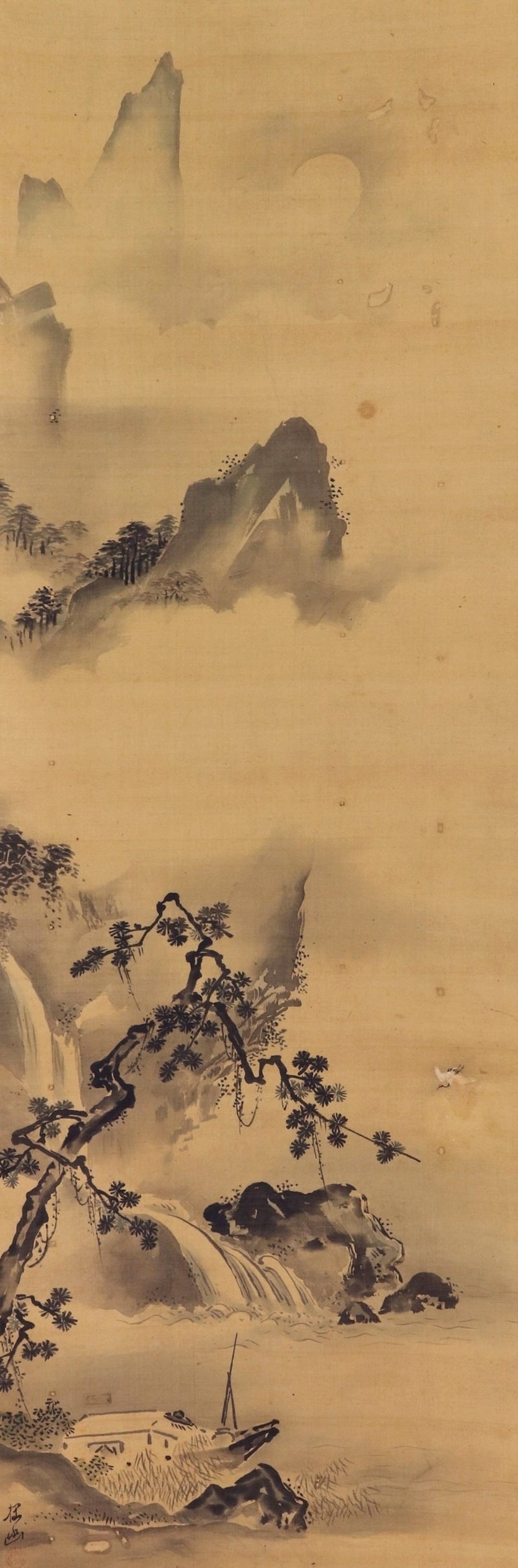 ◆掛軸 水墨画 華岳◆Japanese arts hanging scroll Antique Kano School Moonlit Mountain Landscape Hanging Scroll