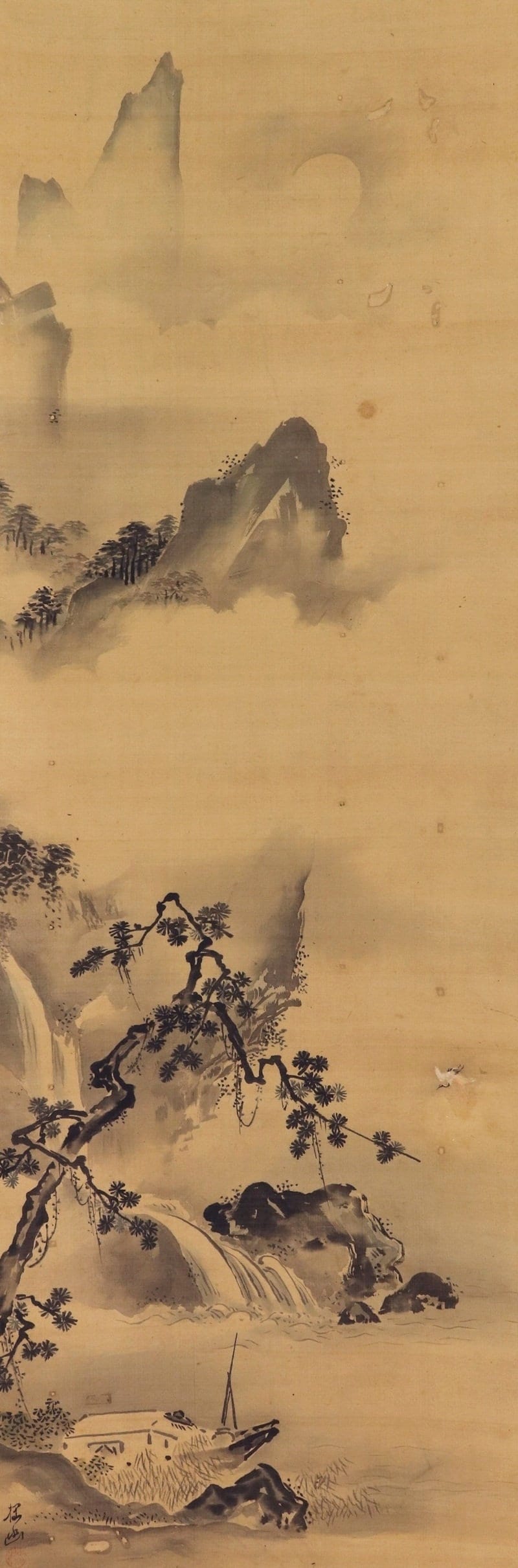 Antique Kano School Moonlit Mountain Landscape Hanging Scroll