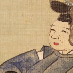 May include: A detail from a traditional Japanese painting. The artwork features a person with a distinctive hairstyle and attire, rendered in muted tones of blue, gray, and beige. The subject has red lips and a contemplative expression.