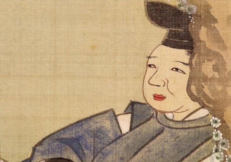 May include: A detail from a traditional Japanese painting. The artwork features a person with a distinctive hairstyle and attire, rendered in muted tones of blue, gray, and beige. The subject has red lips and a contemplative expression.