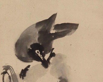 江戸時代の禅画、黒鳥の墨絵が描かれた日本のアンティーク掛け軸
