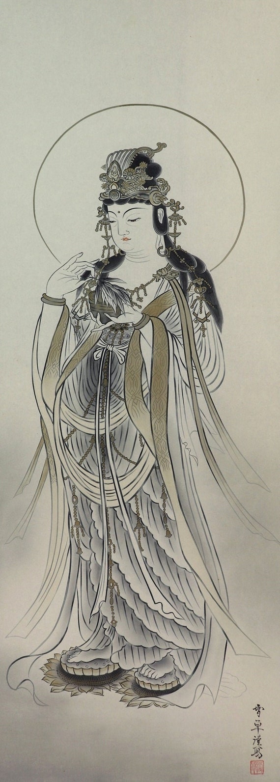 ヴィンテージ 日本製 掛軸 観音画 - シルクに描かれた観音菩薩の仏教