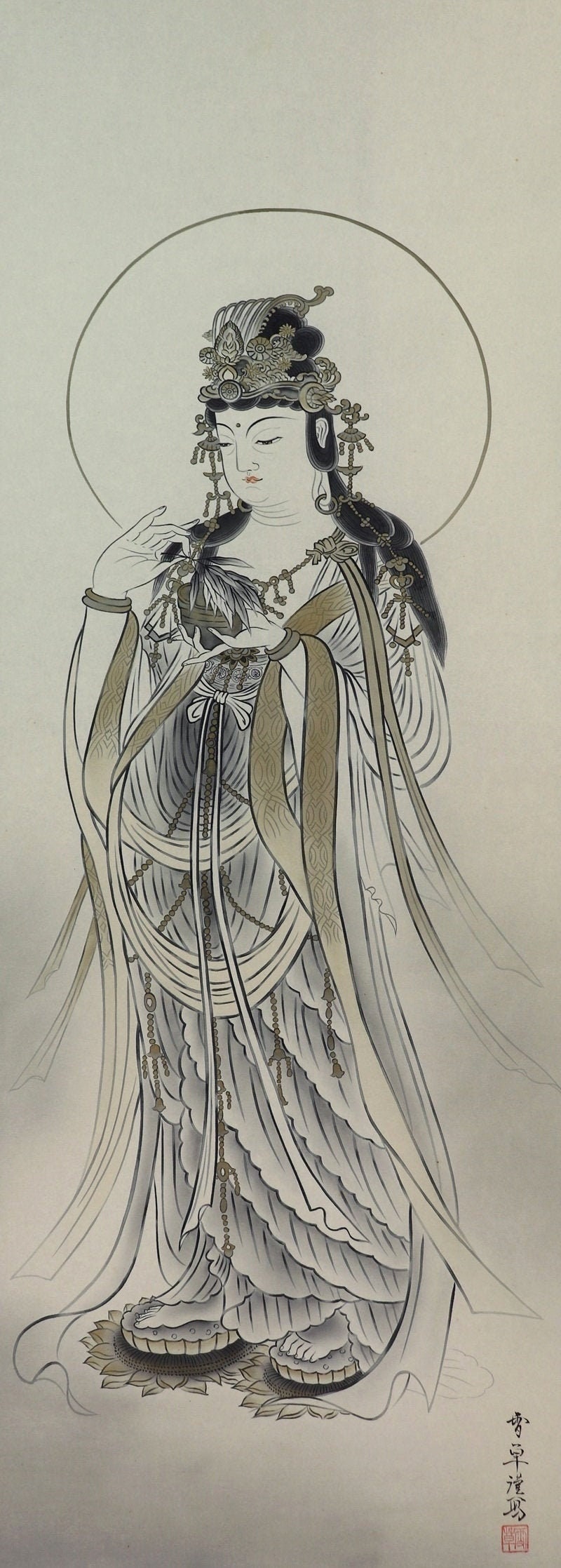 ヴィンテージ 日本製 掛軸 観音画 - シルクに描かれた観音菩薩の仏教