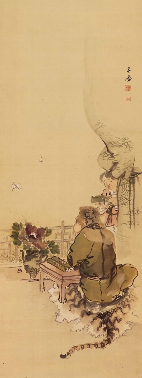 ヴィンテージ壁掛け装飾、掛け軸絵画、セージと蝶、掛け物掛け軸、蝶の