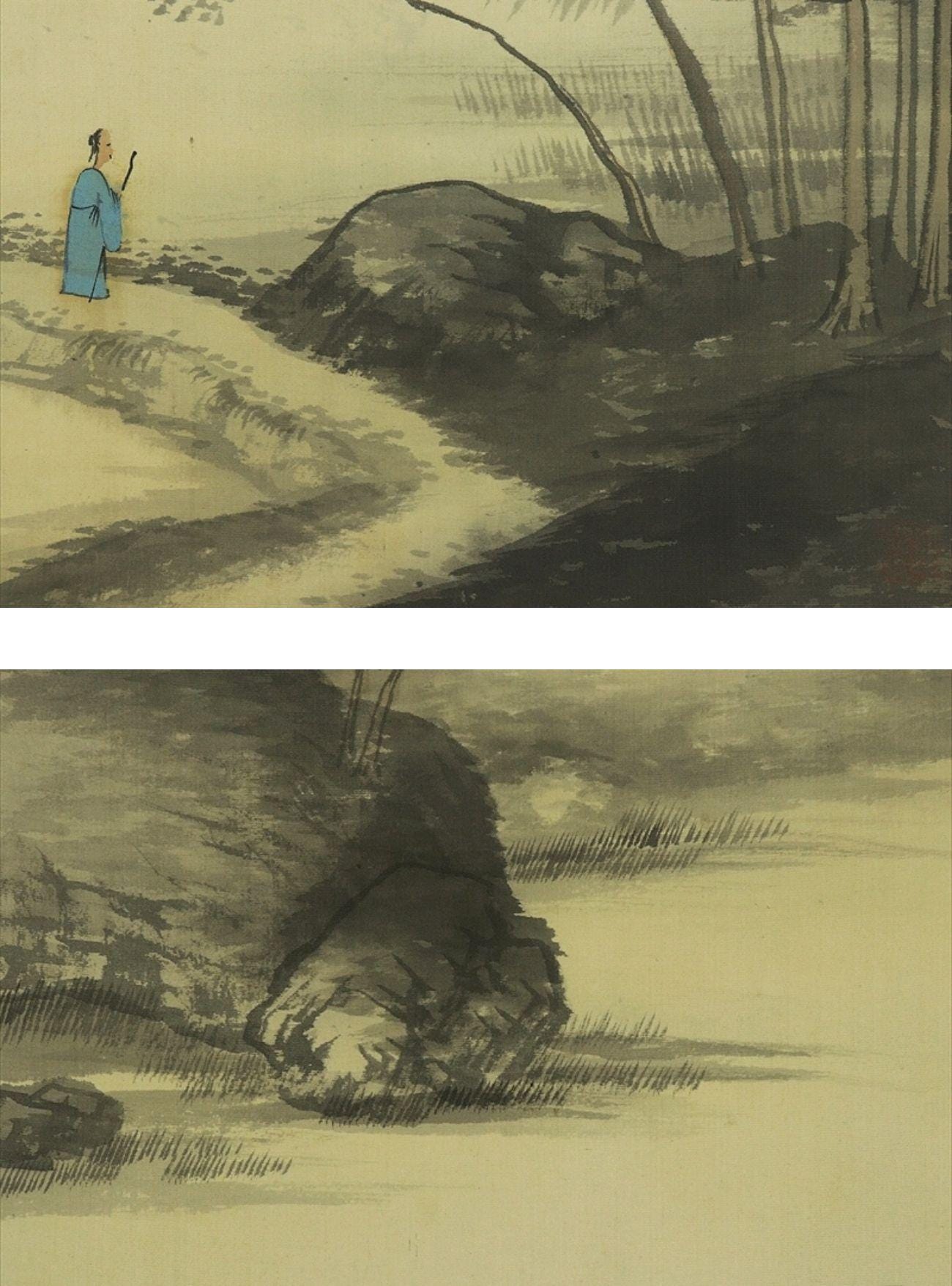 ヴィンテージ 日本の掛け軸 風景画 湖畔 山水画 墨絵 掛軸 風景画