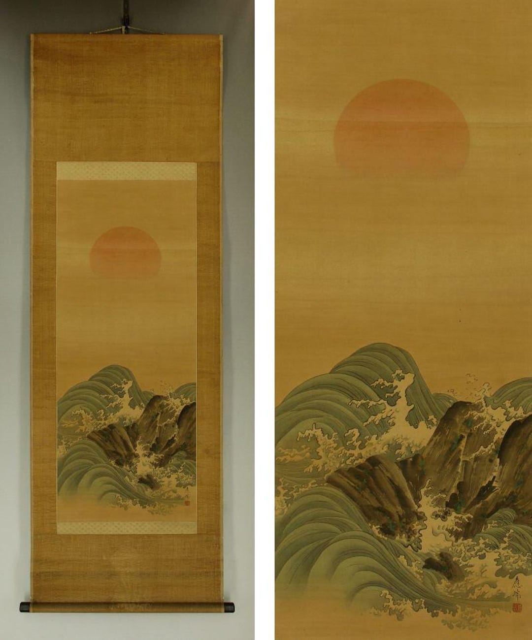 絵画 sunrise Japanese Hanging Scroll Sunrise Waves Maruyama School Edo Period
