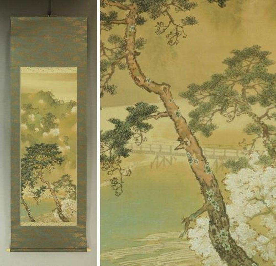 ヴィンテージ 日本掛け軸 桜の絵 日本画 春の山の風景 掛け軸 掛け物