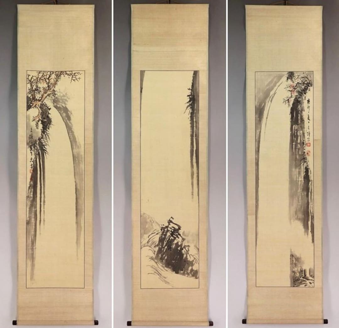 Vintage Japanese Wall Art Mountain Waterfall Triptych Scroll