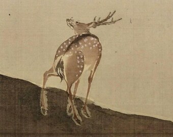 アンティークな日本の壁飾り、壁掛け装飾、鹿の絵、鹿アート、日本の