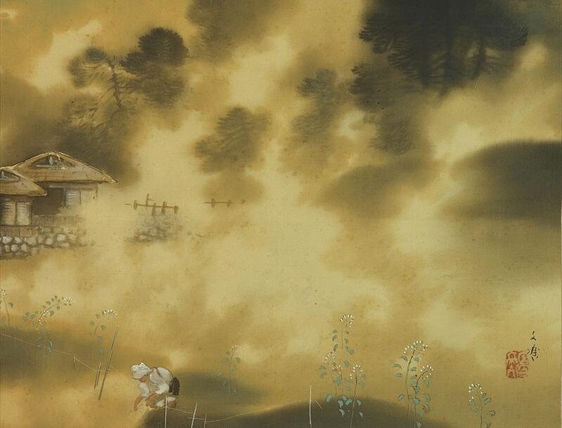 ヴィンテージ 日本の掛け軸 壁飾り 風景画 朝霧 掛物 掛け軸 絵画