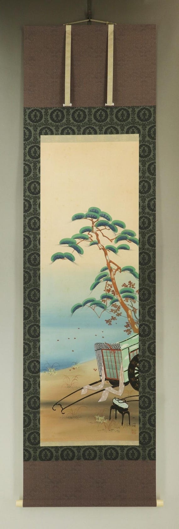ヴィンテージ 日本製シルク 掛け軸 絵画 王家の牛車と大きな松の木