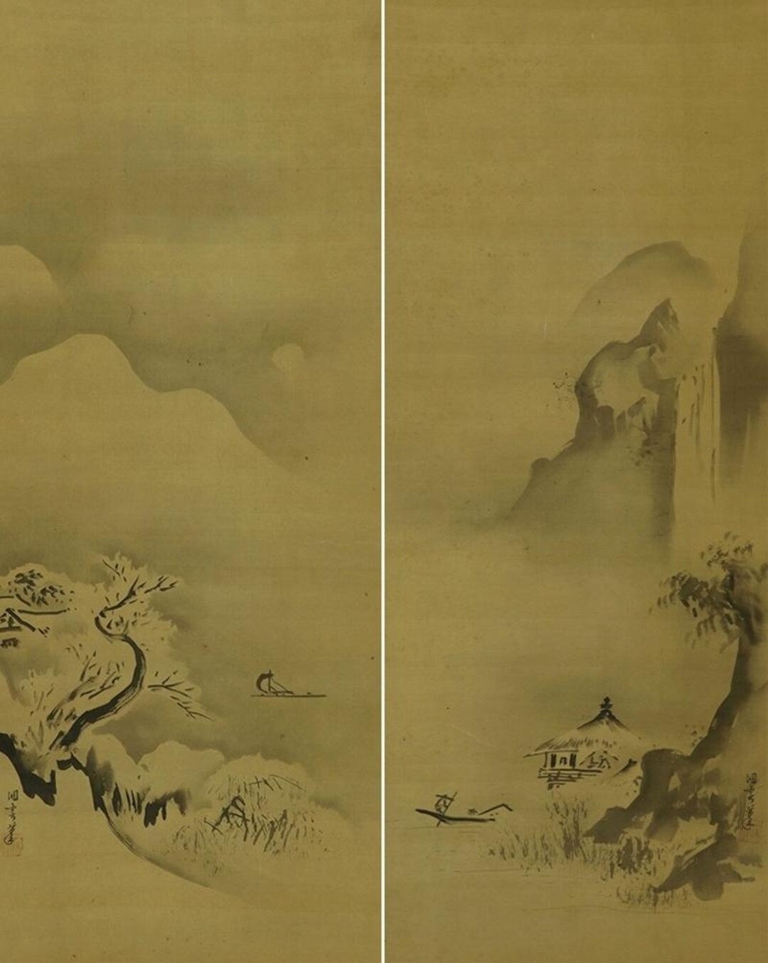 PAIR Antique Kano School Japanese Ink Landscape Painting Scrolls