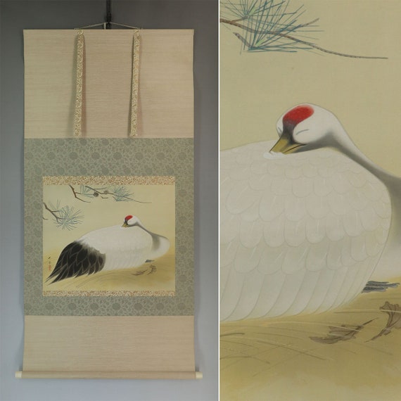 日本の掛け軸絵画、鶴、鶴の巣作り、鶴の絵、掛け軸、美しい鳥の絵