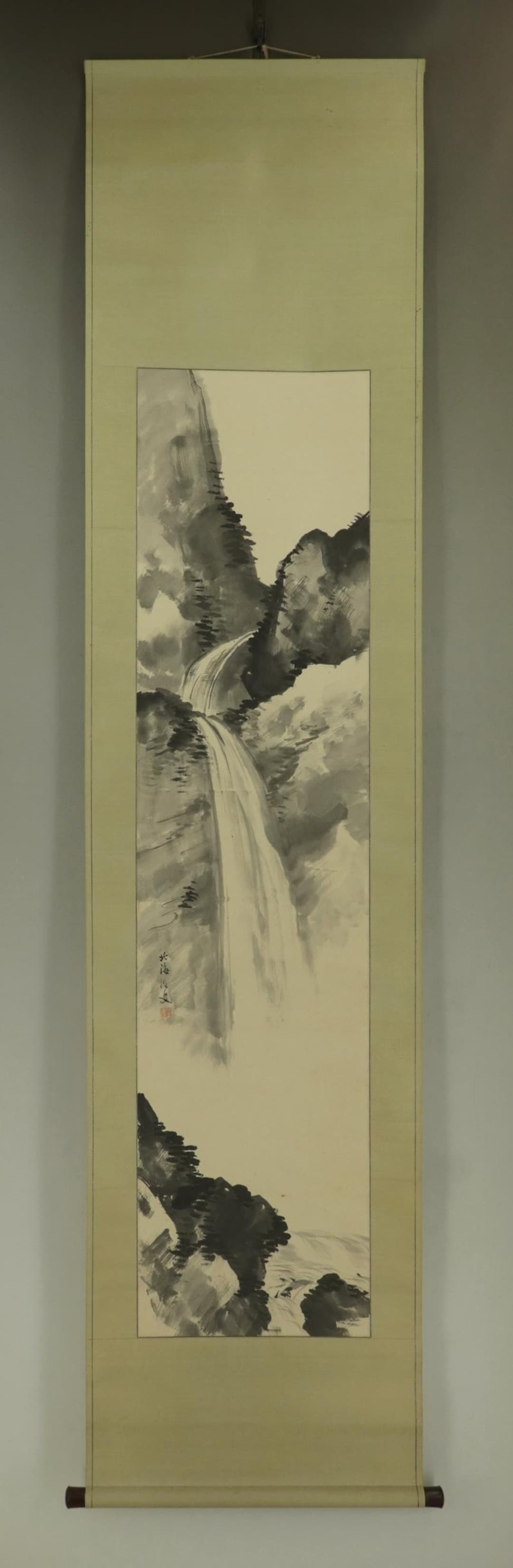 アンティークの日本の掛け軸、風景画、滝、山の絵、日本の掛け軸、水墨