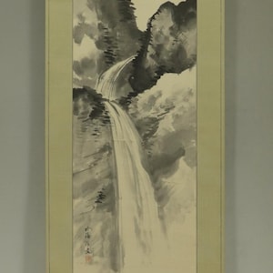 アンティークの日本の掛け軸、風景画、滝、山の絵、日本の掛け軸、水墨