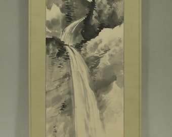 掛軸 滝と山の風景 アンティークの日本の掛け軸、風景画、滝、山の絵、日本の掛け軸、水墨