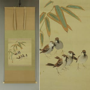 Vintage japanische hängende Rollbild, Vogel- und Blumenmalerei, Spatzen im Bambus, japanische Bildlaufkunst, Kakemono, Vogelkunstmalerei, R71291