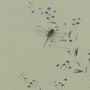 May include: Watercolor painting of a dragonfly perched on a flowering stem. The dragonfly has translucent wings and a slender body. The flowers are small, with blue and white petals. The background is a pale green.