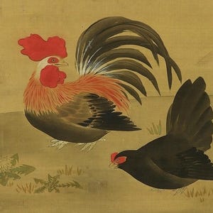 May include: A traditional painting shows two roosters against a beige backdrop. One rooster features a red comb and wattle, with orange and brown feathers. The other is black with a red comb. The artwork has a classic style.