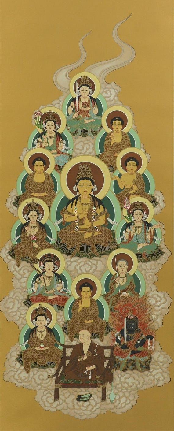 Vintage Japanese Buddhist Painting,thirteen Buddhas,gold Pigment