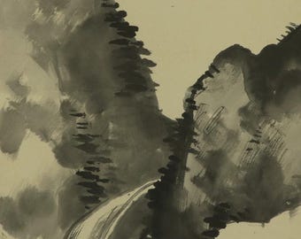 アンティークの日本の掛け軸、風景画、滝、山の絵、日本の掛け軸、水墨