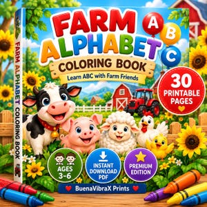 Målarbok med bondgårdsalfabetet för barn, utskrivbar ABC-inlärning, målarbilder med bondgårdsdjur, aktivitetssidor för förskola i PDF-format, åldrar 3-6