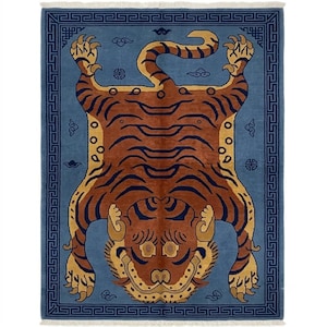 Alfombra de tigre anudada a mano, alfombra china de lana de tigre, alfombra de animales hecha a mano, alfombra de arte popular azul, alfombra llamativa de tamaño personalizado