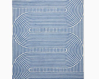 Blue Geometric Wool Rug, Handmade Modern Area Rug, Abstract Line Pattern Rug, Contemporary Living Room Rug, Minimalist New Zealand Wool Rug