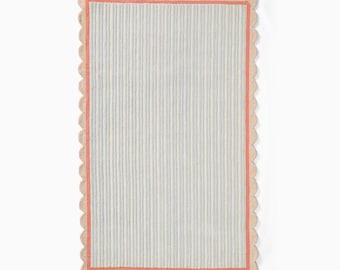 Scalloped Border Kids Rug, Blue Striped Nursery Rug, Handmade Wool Area Rug, Baby Room Rug, Modern Playroom Rug, Custom Size Rug