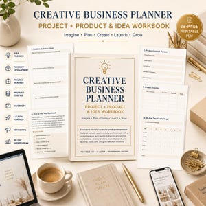 May include: A 38-page printable PDF creative business planner workbook with a light beige cover featuring a lightbulb icon, dark blue text, and gold accents. The set includes various planning sheets for projects, products, and ideas for entrepreneurs.