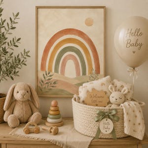 Può includere: Un cesto regalo contenente un coniglietto all'uncinetto, un cartello in legno con la scritta Welcome little one e coperte a fantasia. Accanto si trovano una stampa arcobaleno incorniciata, un coniglio di peluche, un gioco impilabile e un palloncino Hello Baby.