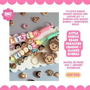 Puede incluir: Una colección de cuentas de silicona coloridas con caras de dibujos animados, formas de estrellas y flores, y letras que forman LITTLE KIDDOS. Incluye dijes de paracord, clickers y un llavero de metal dorado, con el texto 14 LITTLE KIDDOS CHUNKY CHARMS AND CLICKER SET + 5 RANDOM CUTE SHAPES BUNDLE | HORIZONTAL HOLES y DIGITAL 3D PRINT FILE | INSTANT DOWNLOAD.