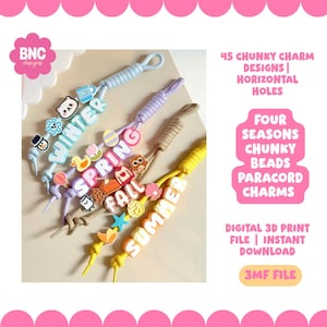 May include: Four paracord lanyards featuring chunky beads with seasonal themes: Winter, Spring, Fall, and Summer. The beads include icons like a snowman, snowflake, duck, tulip, pumpkin, pie, starfish, and butterfly. Text reads: 45 CHUNKY CHARM DESIGNS | HORIZONTAL HOLES, FOUR SEASONS CHUNKY BEADS PARACORD CHARMS, DIGITAL 3D PRINT FILE | INSTANT DOWNLOAD, 3MF FILE.