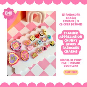 May include: A collection of 15 colourful paracord charms and 3 clicker designs featuring teacher-themed motifs like books, apples, and pencils. The set includes text-based charms with phrases such as In My Teacher Era and Teaching Is A Work Of Heart.