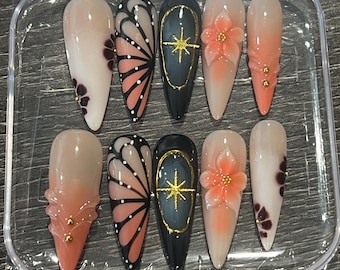 Monarch Butterfly Handmade Press On Set | Pink Ombre | 3D Sakura Almond