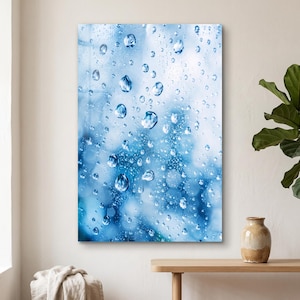 Glass Wall Art, Blue Rain Water Droplet Design, Tempered Glass Float Mount