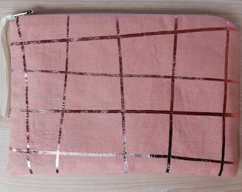 Checks - pink metallic foil - pale pink linen - flat zip pouch - handmade