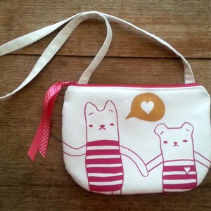 Girls shoulder bag Kitty luvs Bear fuchsia and gold screen printed and handmade image 1