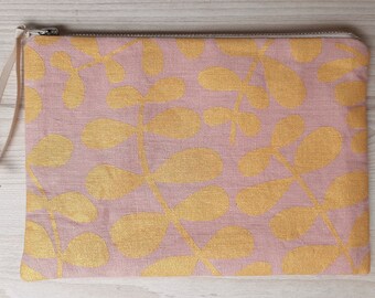 Jungle - metallic gold on pale pink linen - flat zip pouch - screen printed and handmade