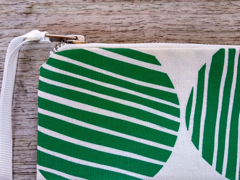 Emerald green stripe spot flat zip pouch off white screen printed and handmade image 2