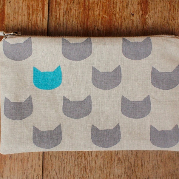 Grey cats aqua flat pouch - screen printed and handmade