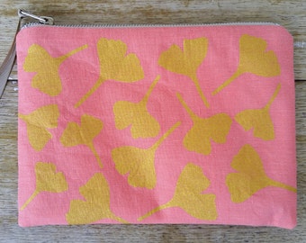 Ginkgo Leaves - metallic gold on blush pink - flat zip pouch - screen printed and handmade