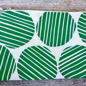 Emerald green stripe spot flat zip pouch off white screen printed and handmade image 1