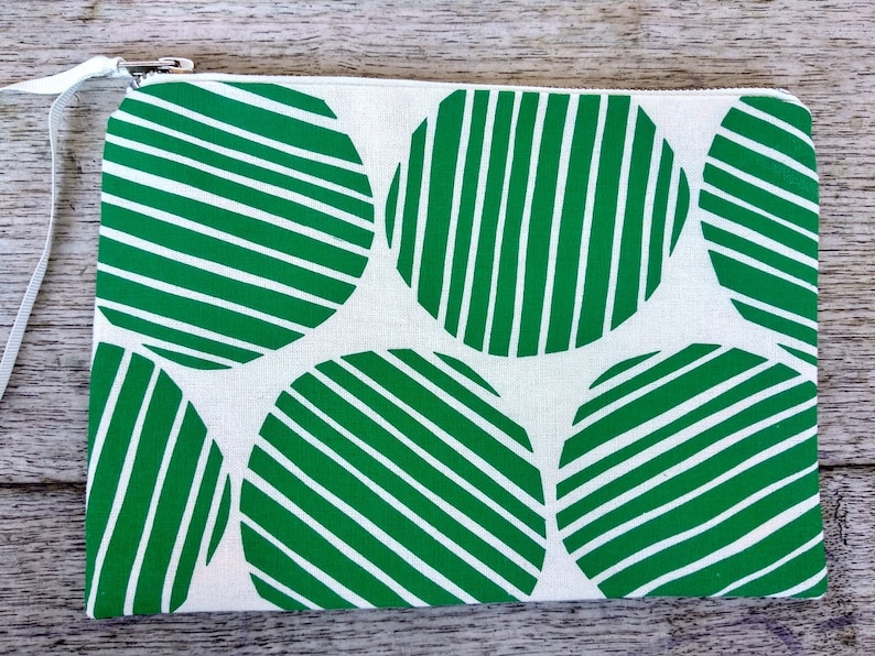 Emerald green stripe spot flat zip pouch off white screen printed and handmade image 1